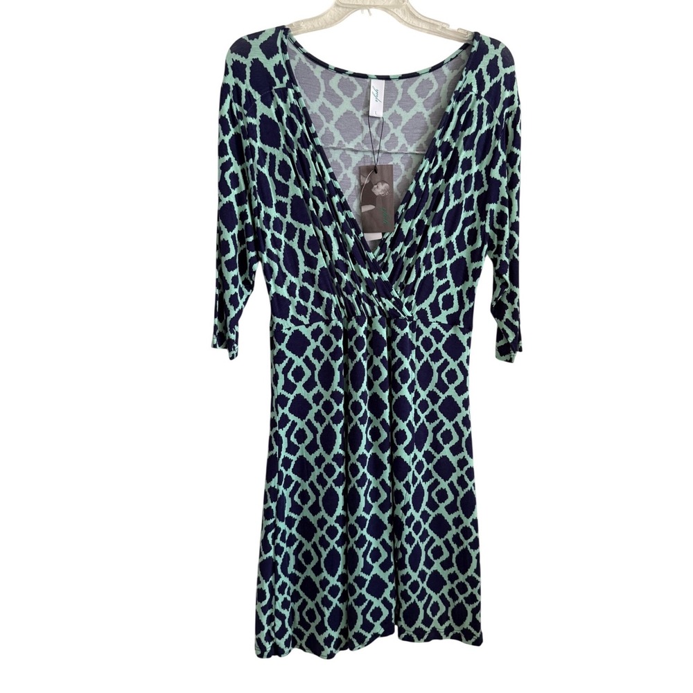 Yfish Womens Large Mint Navy Ikat Geometric V-Neck Faux Wrap Dress NWT size L